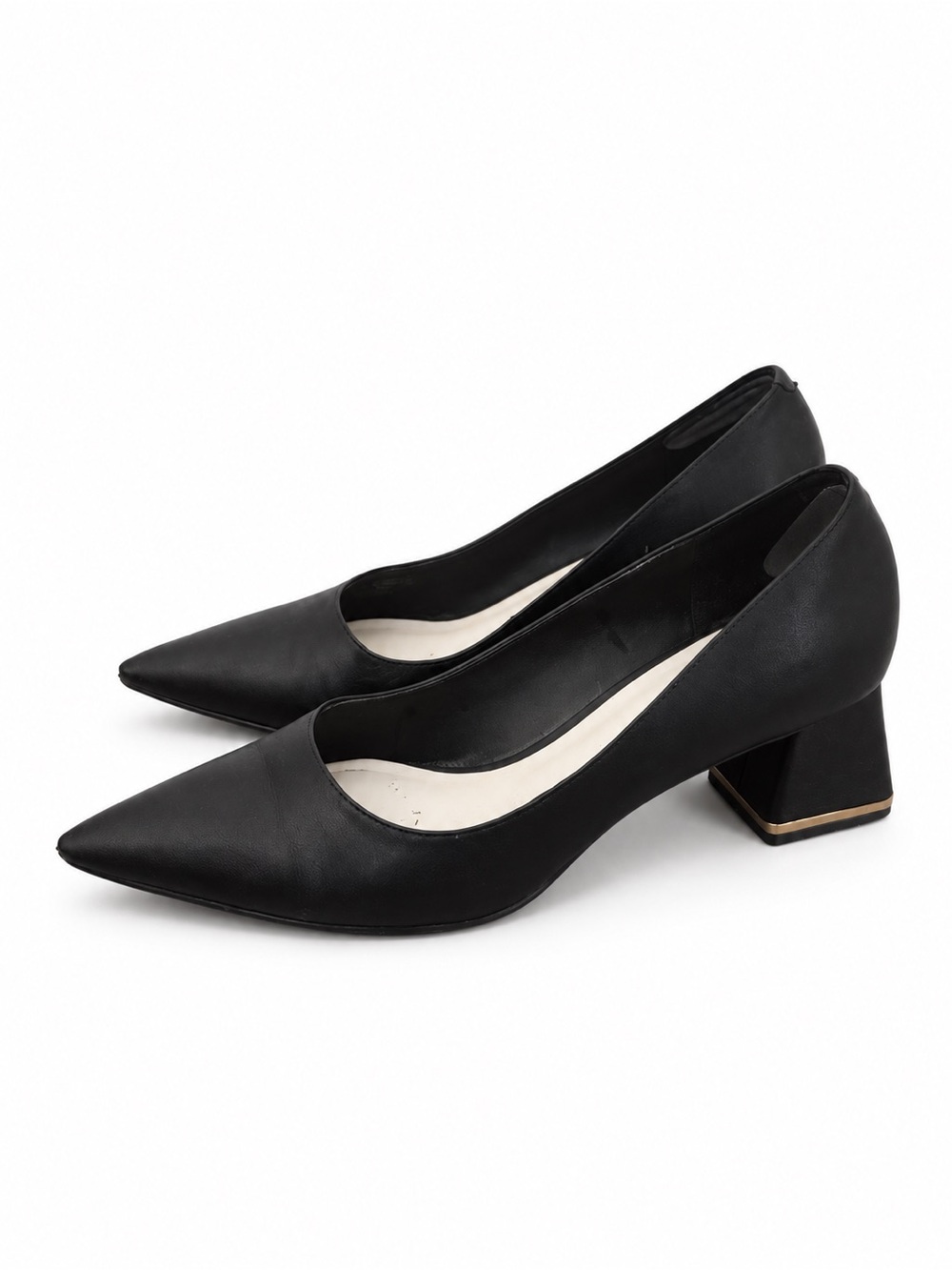Charles & Keith Black Pointed Toe Block Heel Pumps Gold Detail